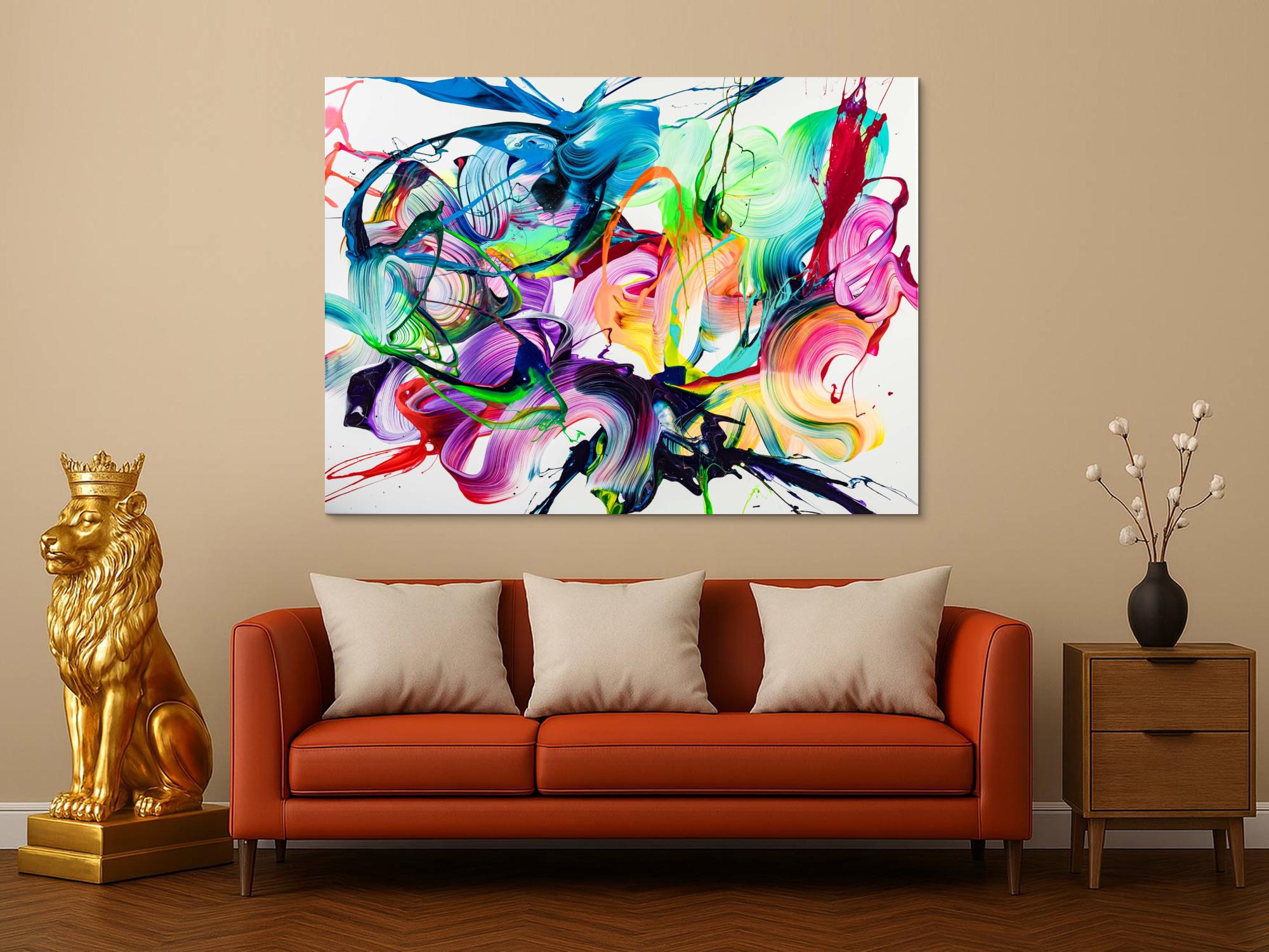 Original Gemälde abstrakt 120x160cm Action Painting expressionistisch handgefertigt NEON Farben bunt auf weiß Unikat