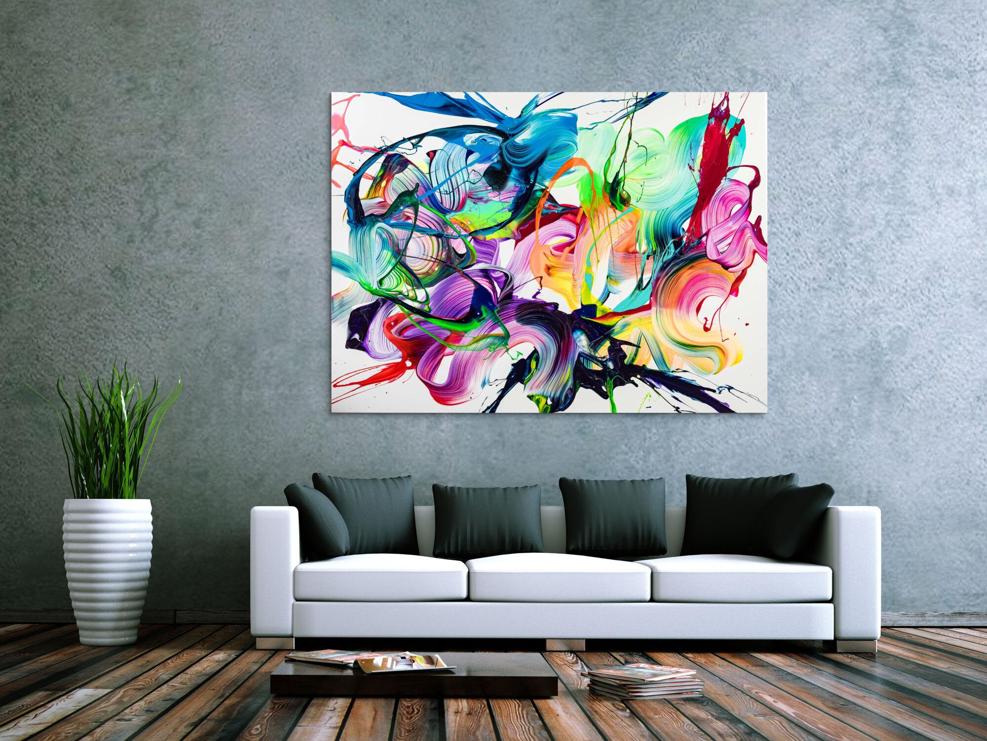 Original Gemälde abstrakt 120x160cm Action Painting expressionistisch handgefertigt NEON Farben bunt auf weiß Unikat