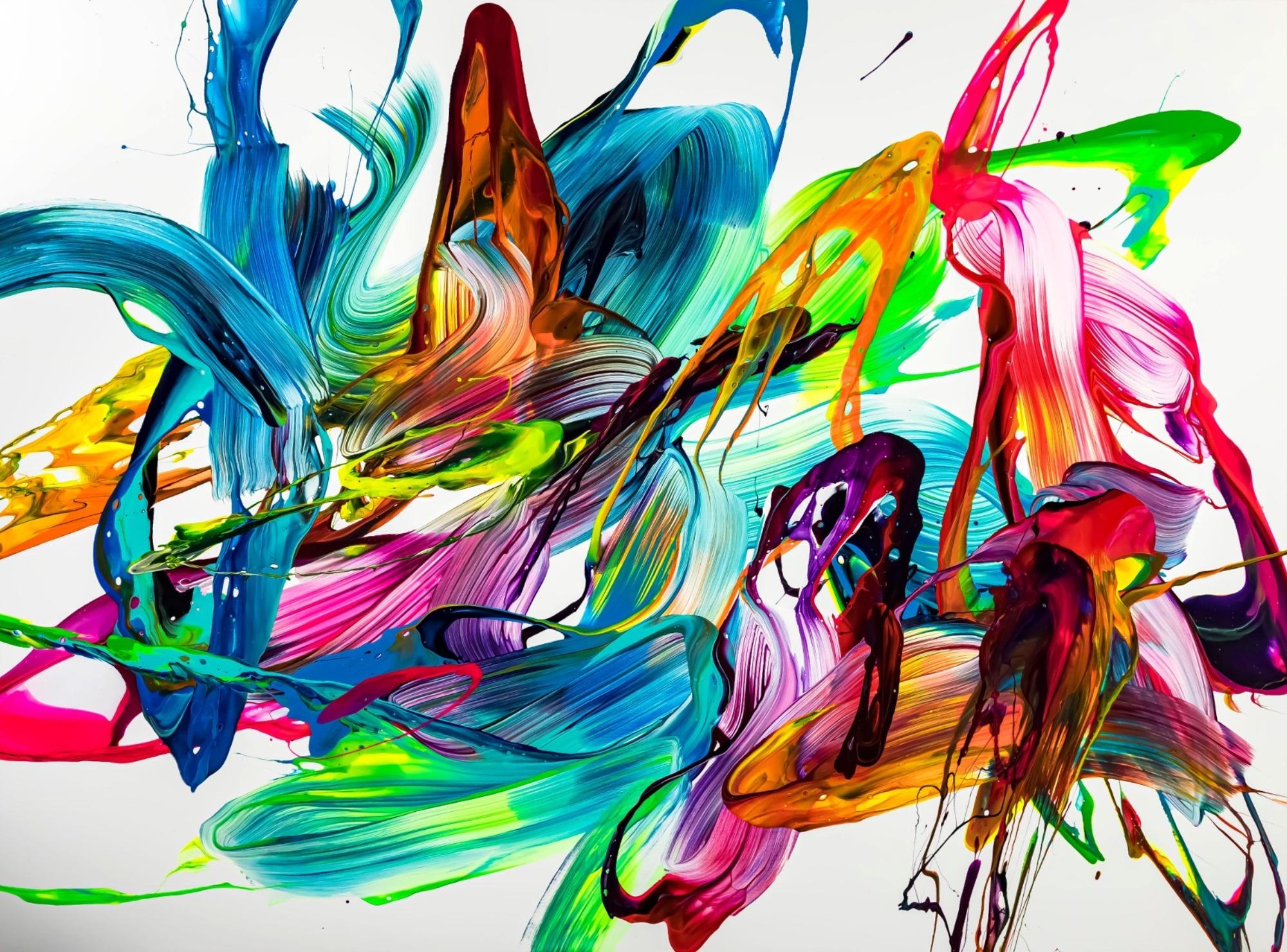 Gemälde Original abstrakt 120x160cm Action Painting Modern Art handgemalt Mischtechnik bunt auf weiß hellblau