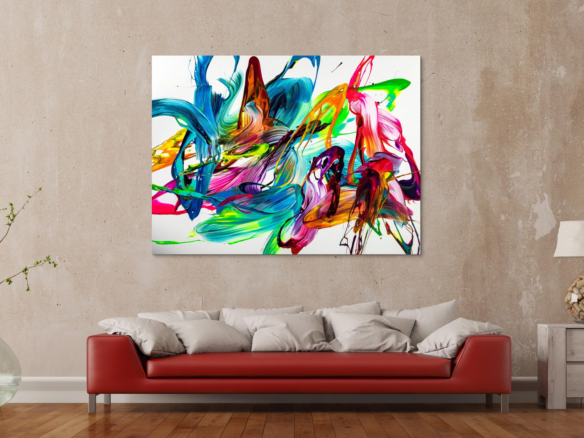 Gemälde Original abstrakt 120x160cm Action Painting Modern Art handgemalt Mischtechnik bunt auf weiß hellblau