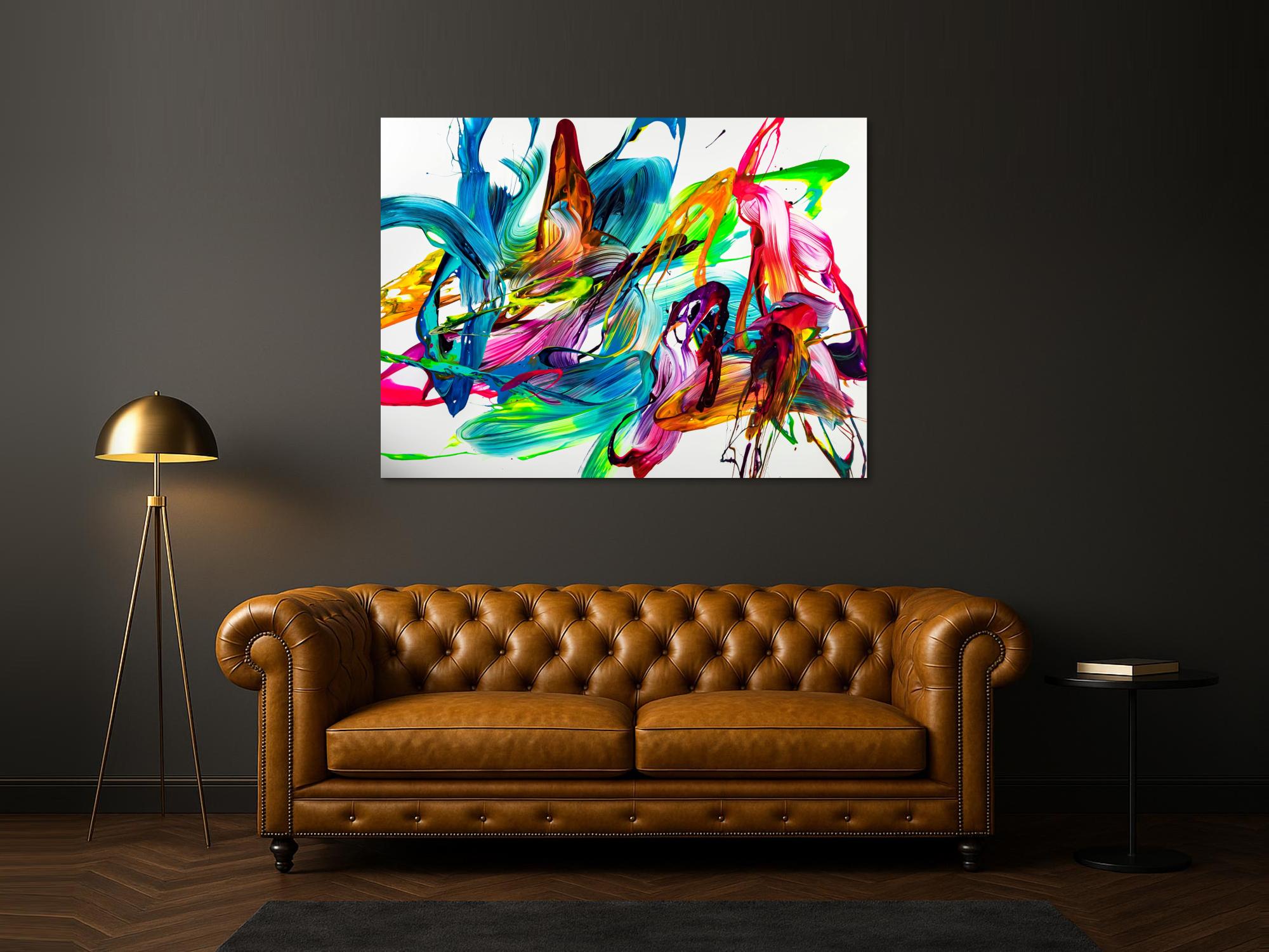 Gemälde Original abstrakt 120x160cm Action Painting Modern Art handgemalt Mischtechnik bunt auf weiß hellblau