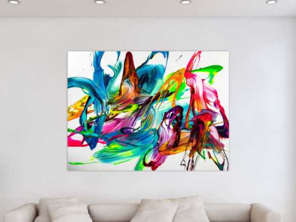 Gemälde Original abstrakt 120x160cm Action Painting Modern Art handgemalt Mischtechnik bunt auf weiß hellblau