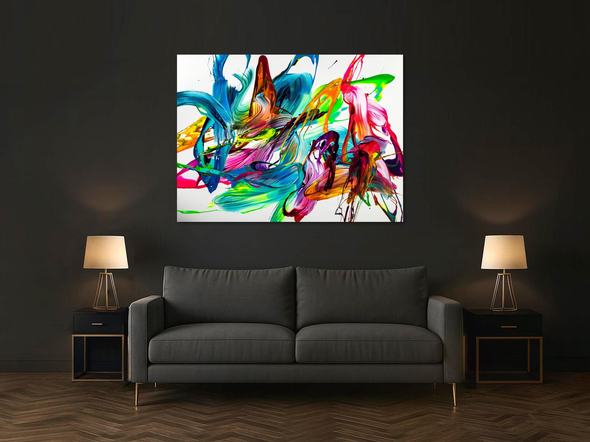 Gemälde Original abstrakt 120x160cm Action Painting Modern Art handgemalt Mischtechnik bunt auf weiß hellblau