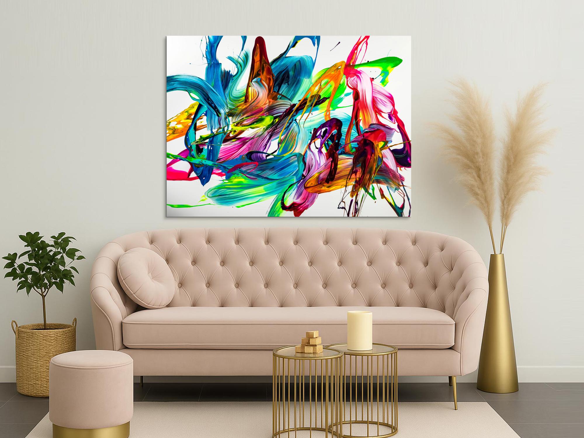 Gemälde Original abstrakt 120x160cm Action Painting Modern Art handgemalt Mischtechnik bunt auf weiß hellblau