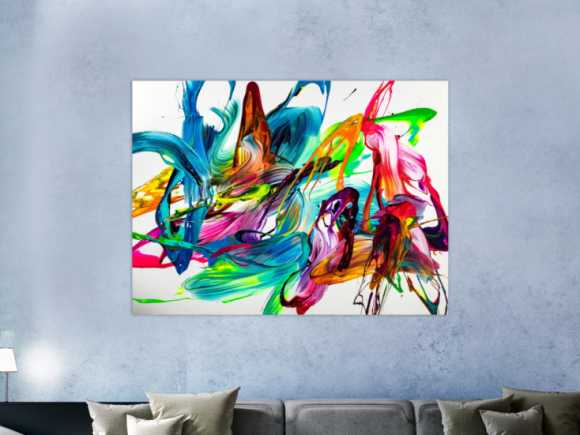 Gemälde Original abstrakt 120x160cm Action Painting Modern Art handgemalt Mischtechnik bunt auf weiß hellblau