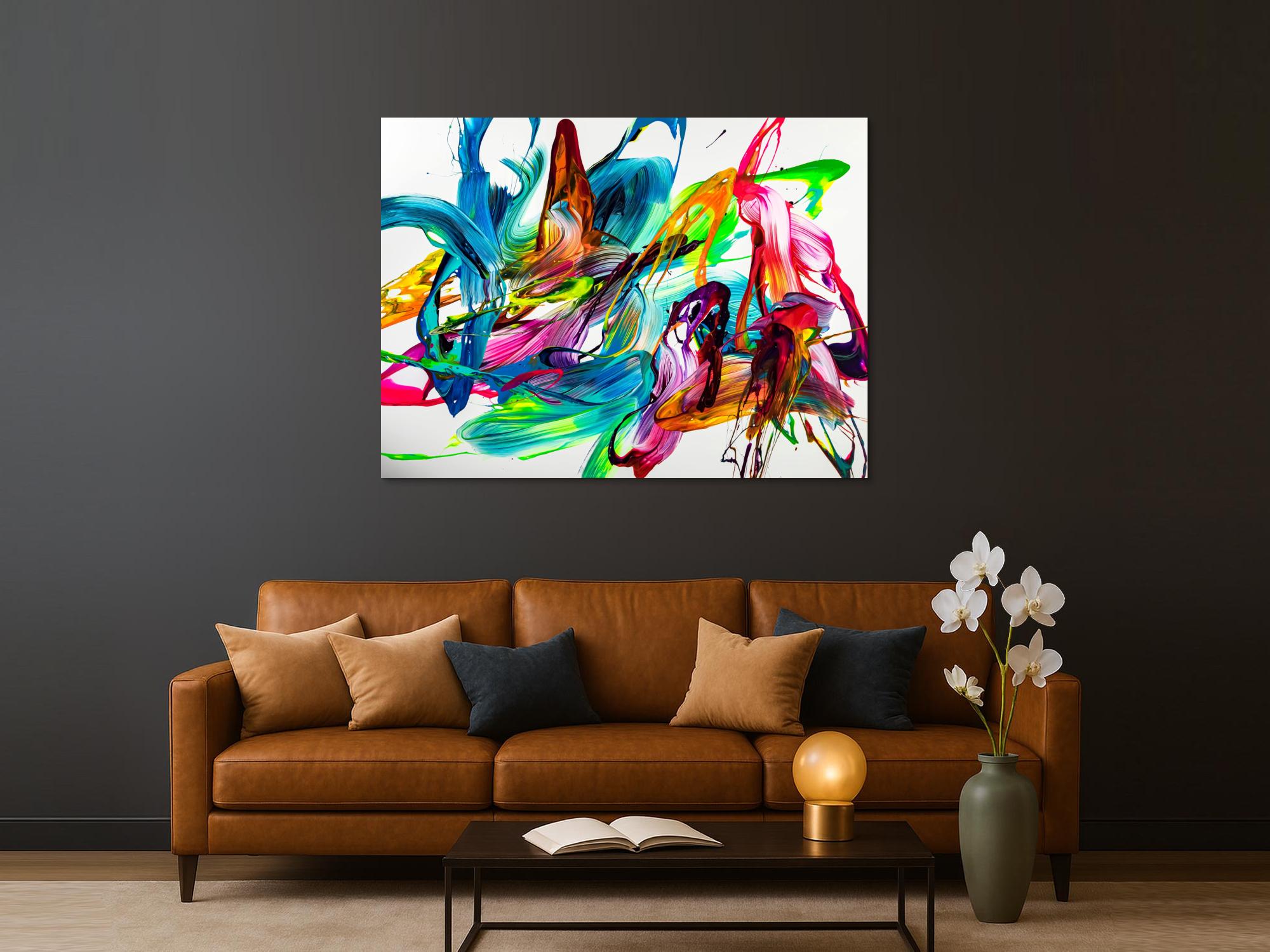 Gemälde Original abstrakt 120x160cm Action Painting Modern Art handgemalt Mischtechnik bunt auf weiß hellblau