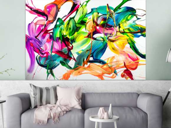 Original Gemälde abstrakt 120x180cm Action Painting expressionistisch handgefertigt Mischtechnik weiß bunt hellgrün hochwertig