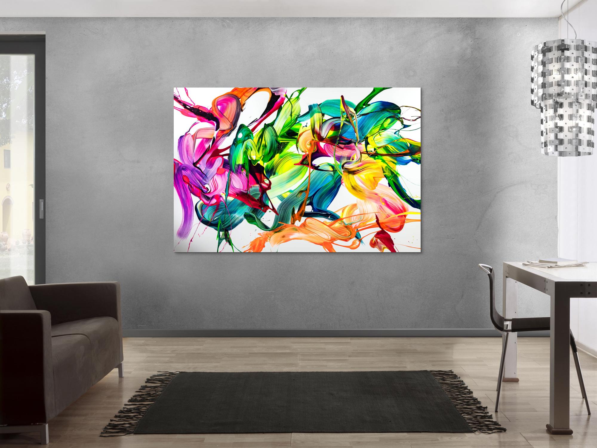 Original Gemälde abstrakt 120x180cm Action Painting expressionistisch handgefertigt Mischtechnik weiß bunt hellgrün hochwertig