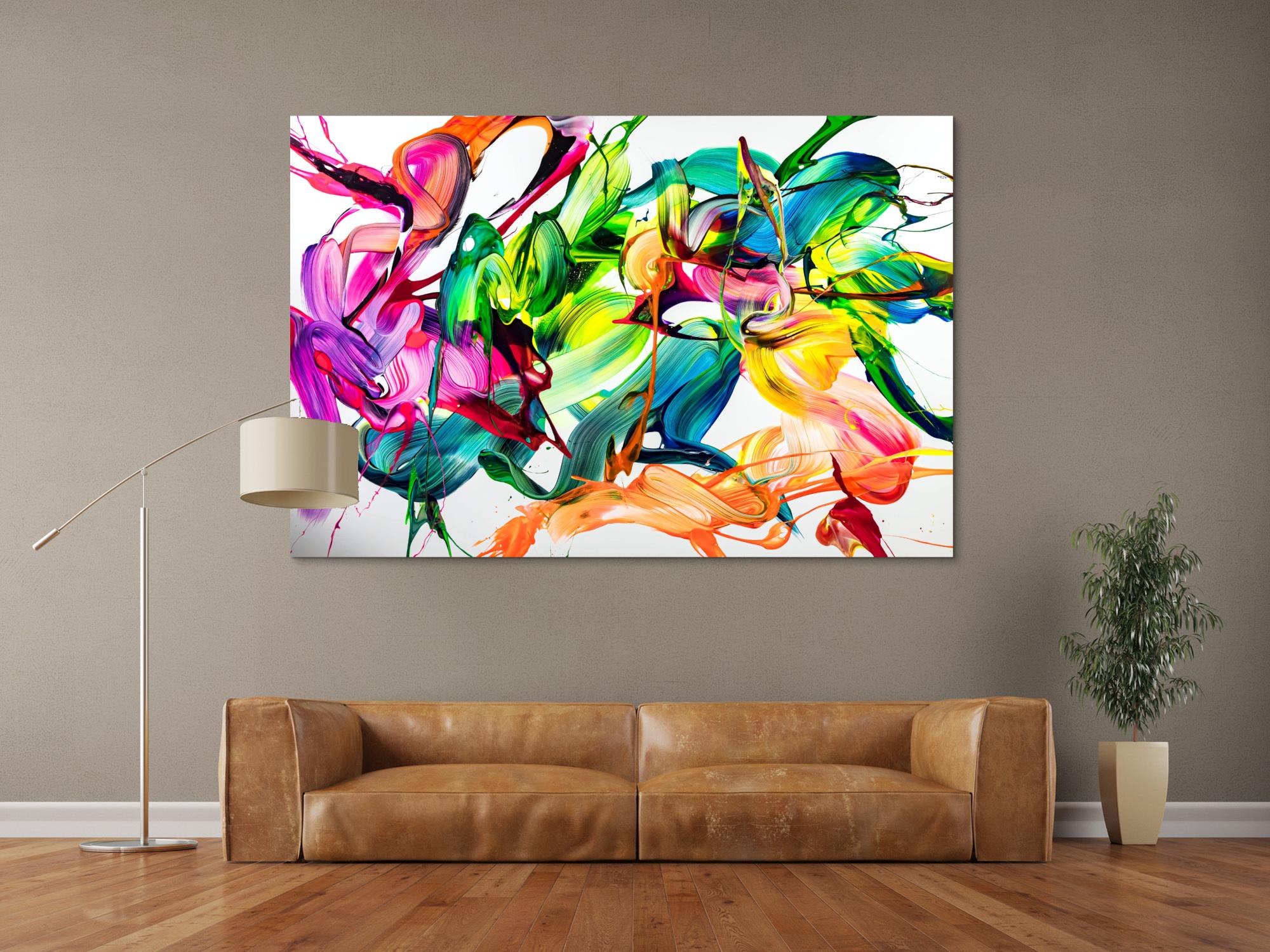 Original Gemälde abstrakt 120x180cm Action Painting expressionistisch handgefertigt Mischtechnik weiß bunt hellgrün hochwertig