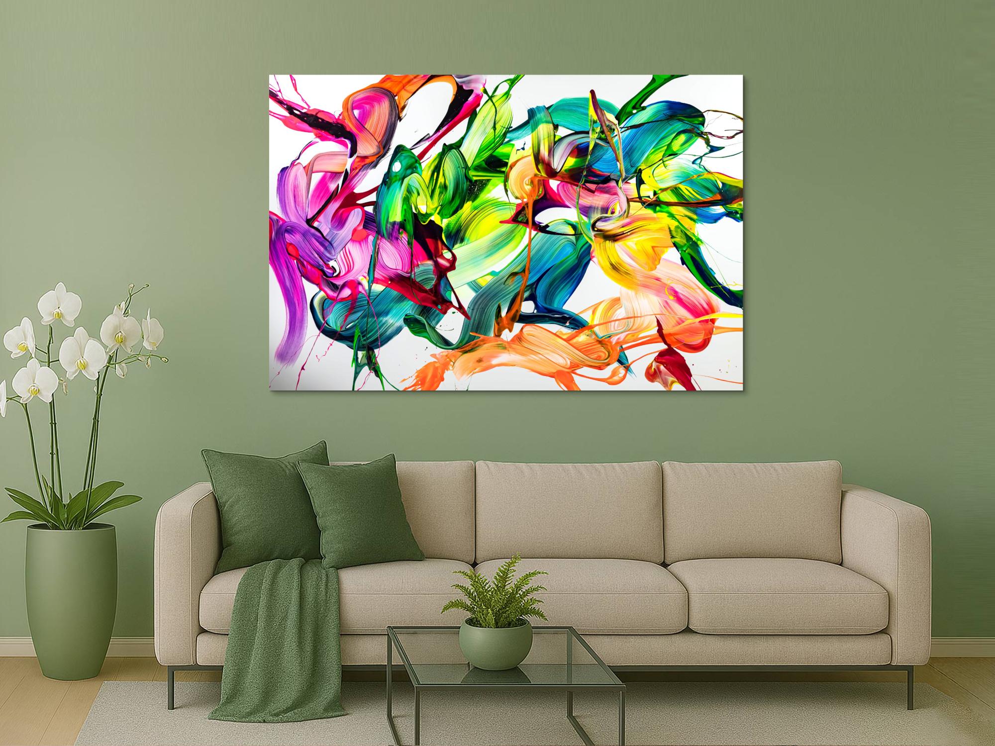 Original Gemälde abstrakt 120x180cm Action Painting expressionistisch handgefertigt Mischtechnik weiß bunt hellgrün hochwertig