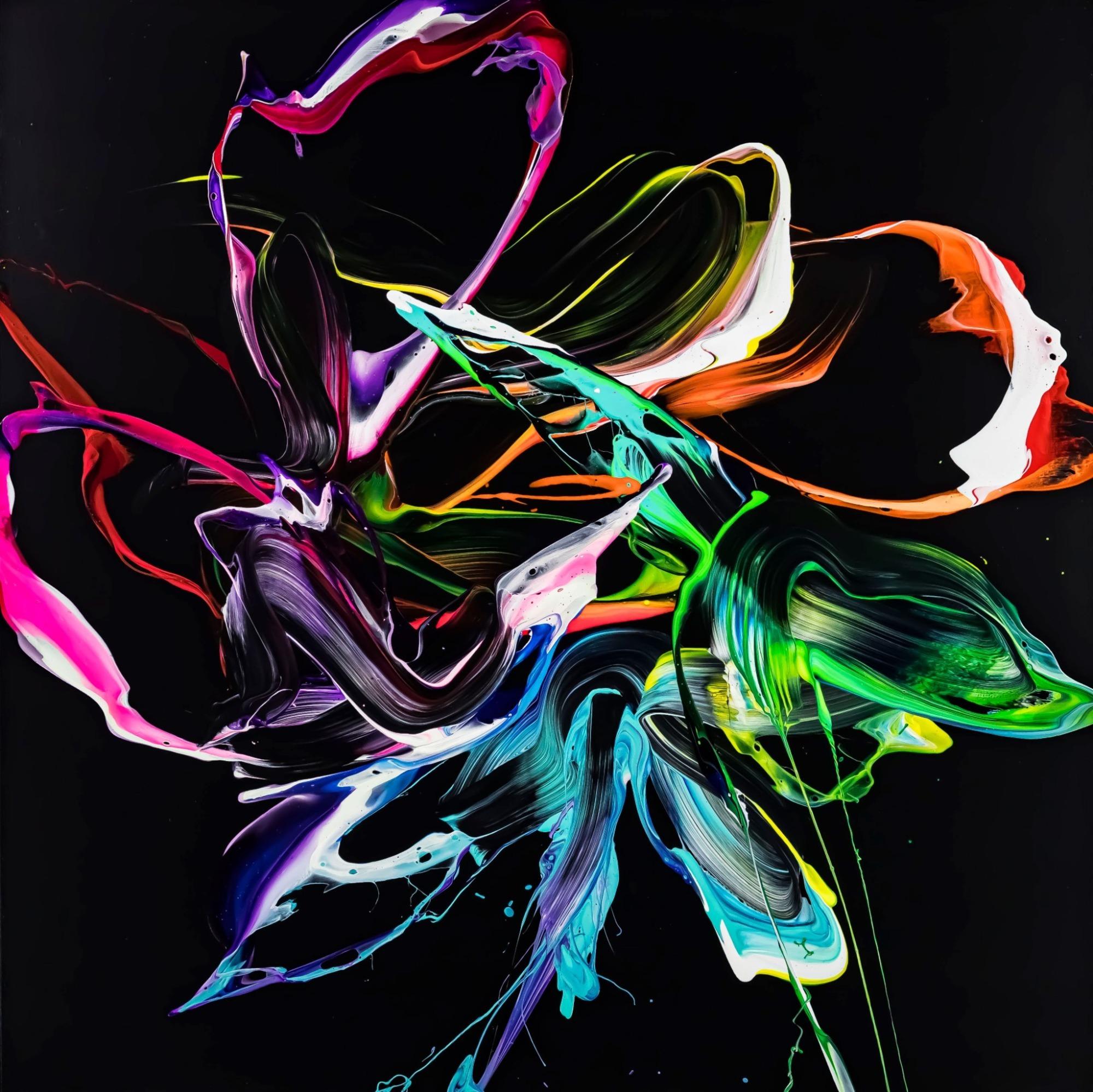 Gemälde Original abstrakt 150x150cm Minimalistisch Modern Art handgefertigt Action Painting Neon Farben auf schwarz bunt