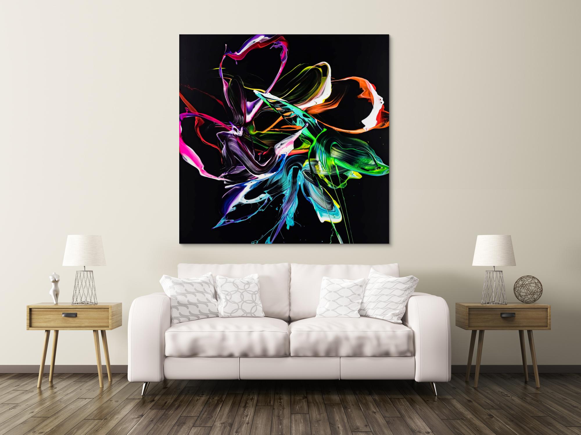 Gemälde Original abstrakt 150x150cm Minimalistisch Modern Art handgefertigt Action Painting Neon Farben auf schwarz bunt
