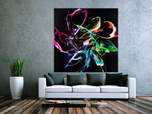 Gemälde Original abstrakt 150x150cm Minimalistisch Modern Art handgefertigt Action Painting Neon Farben auf schwarz bunt