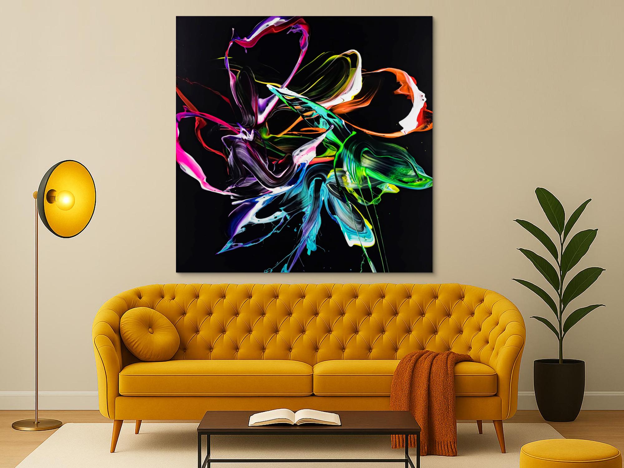Gemälde Original abstrakt 150x150cm Minimalistisch Modern Art handgefertigt Action Painting Neon Farben auf schwarz bunt