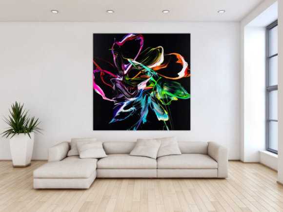 Gemälde Original abstrakt 150x150cm Minimalistisch Modern Art handgefertigt Action Painting Neon Farben auf schwarz bunt