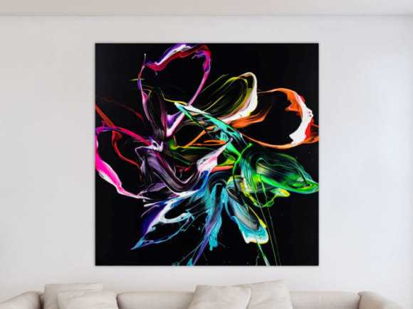 Gemälde Original abstrakt 150x150cm Minimalistisch Modern Art handgefertigt Action Painting Neon Farben auf schwarz bunt