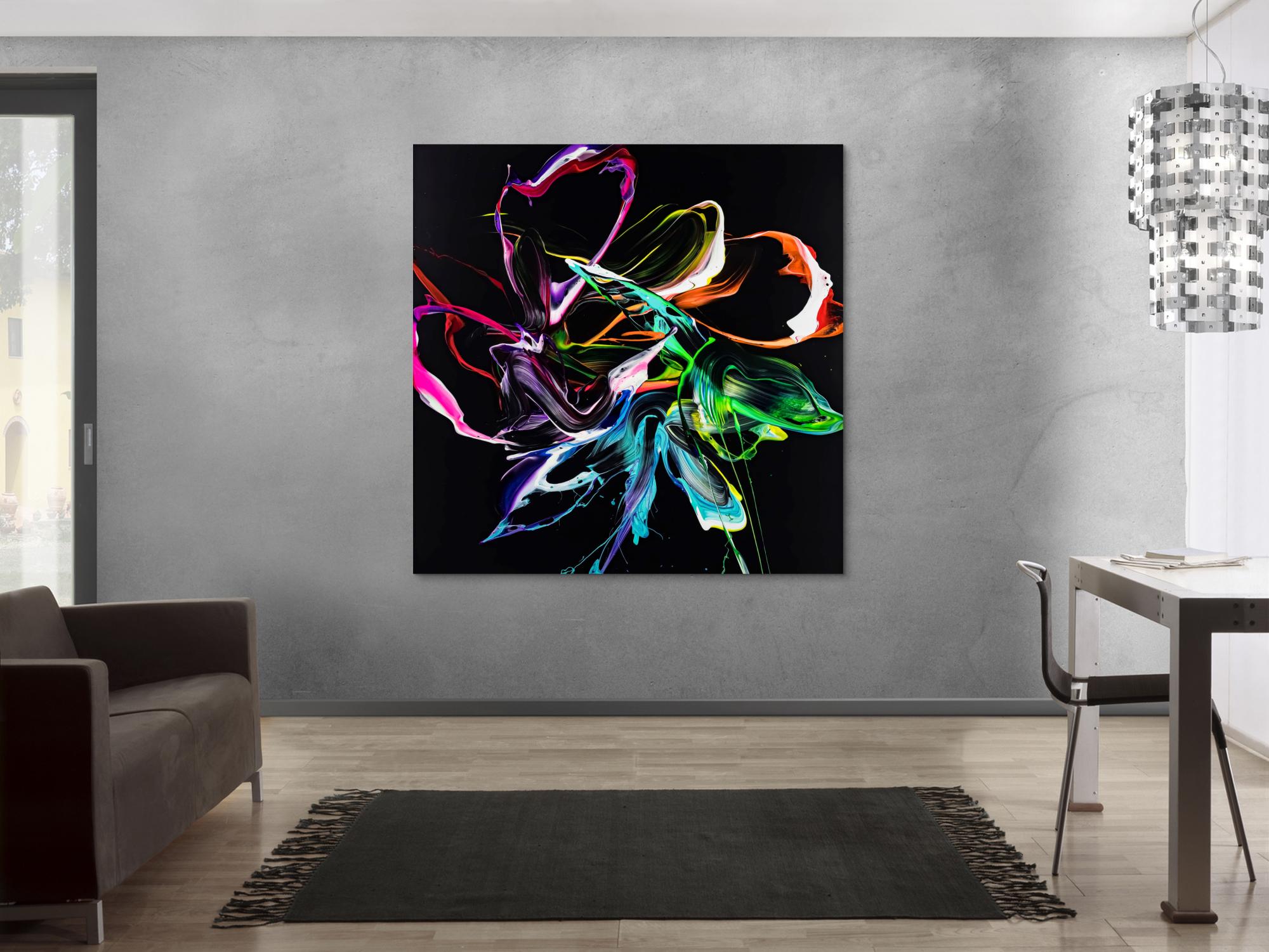 Gemälde Original abstrakt 150x150cm Minimalistisch Modern Art handgefertigt Action Painting Neon Farben auf schwarz bunt