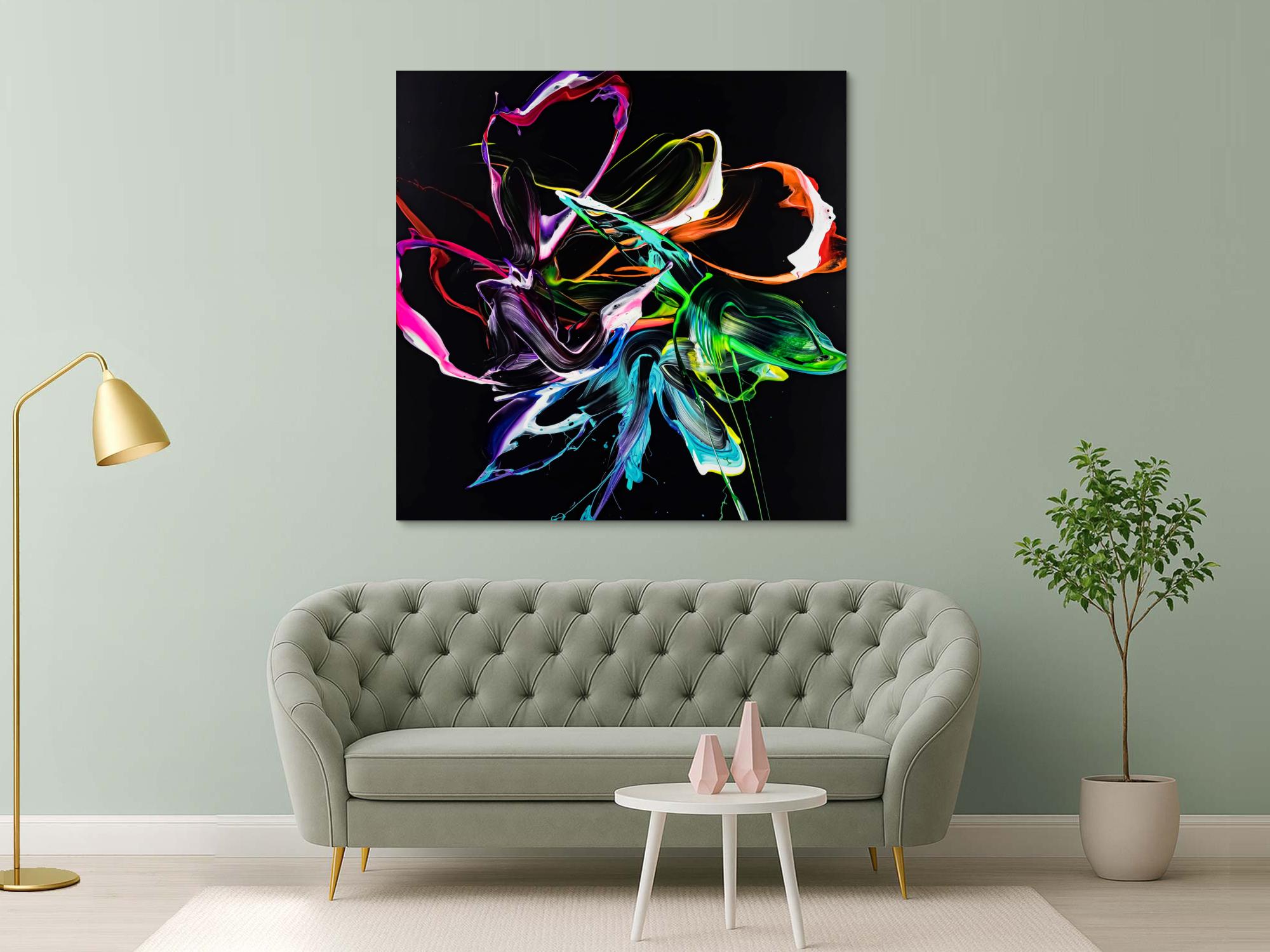 Gemälde Original abstrakt 150x150cm Minimalistisch Modern Art handgefertigt Action Painting Neon Farben auf schwarz bunt