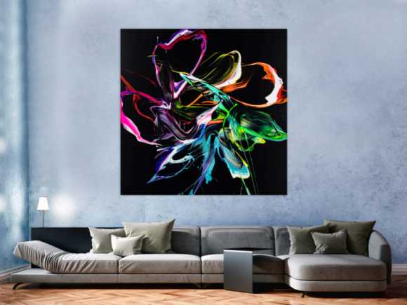 Gemälde Original abstrakt 150x150cm Minimalistisch Modern Art handgefertigt Action Painting Neon Farben auf schwarz bunt