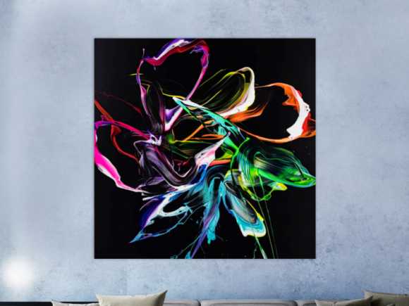 Gemälde Original abstrakt 150x150cm Minimalistisch Modern Art handgefertigt Action Painting Neon Farben auf schwarz bunt