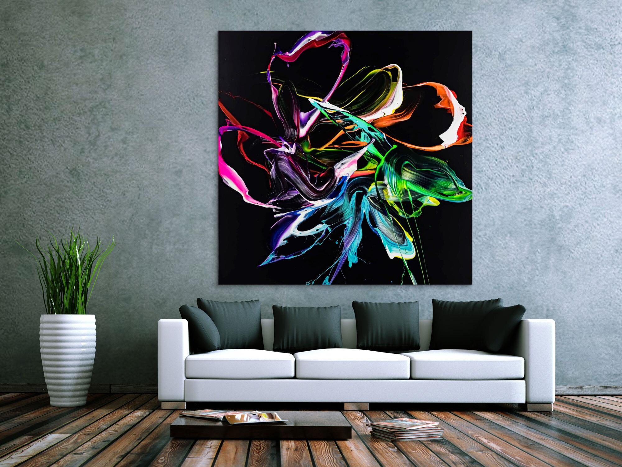 Gemälde Original abstrakt 150x150cm Minimalistisch Modern Art handgefertigt Action Painting Neon Farben auf schwarz bunt
