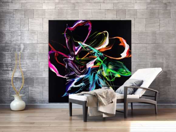 Gemälde Original abstrakt 150x150cm Minimalistisch Modern Art handgefertigt Action Painting Neon Farben auf schwarz bunt