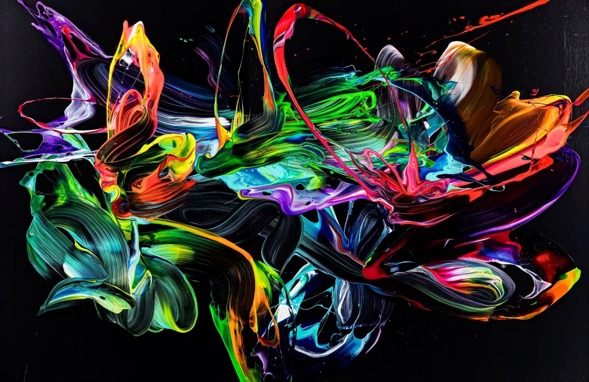 Original Gemälde abstrakt 130x200cm Action Painting zeitgenössisch handgefertigt Neon Farben auf schwarz bunt einzigartig