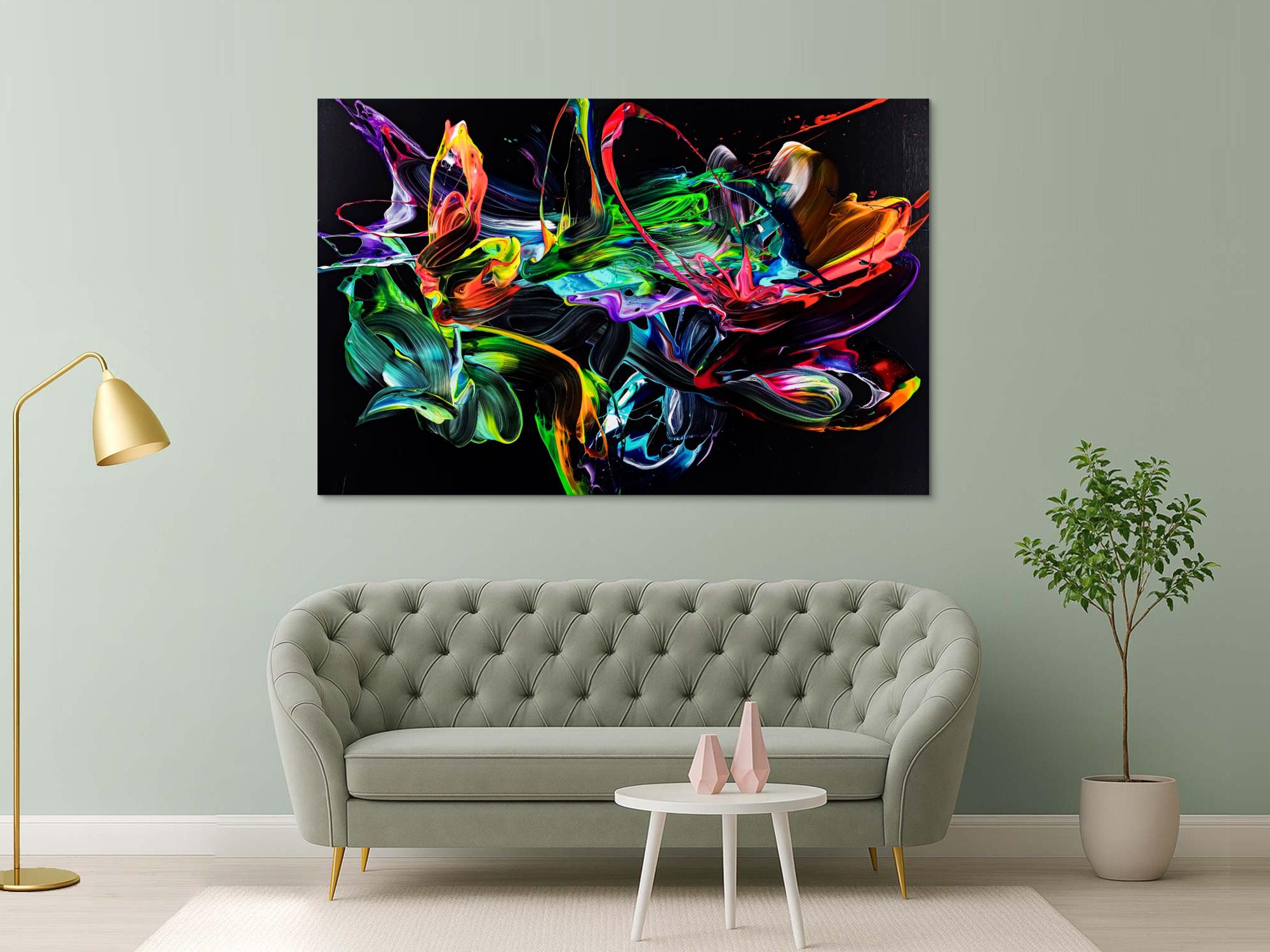 Original Gemälde abstrakt 130x200cm Action Painting zeitgenössisch handgefertigt Neon Farben auf schwarz bunt einzigartig