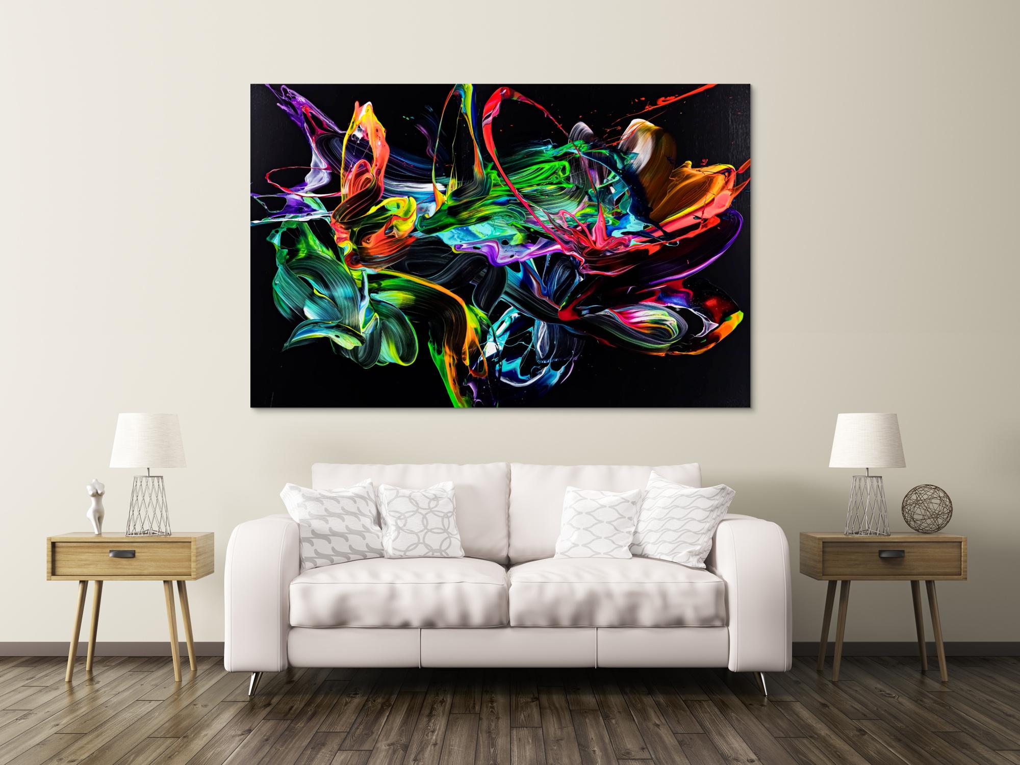 Original Gemälde abstrakt 130x200cm Action Painting zeitgenössisch handgefertigt Neon Farben auf schwarz bunt einzigartig