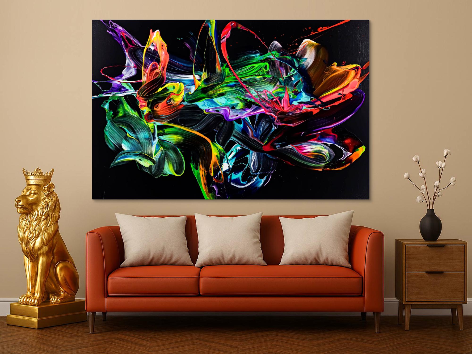 Original Gemälde abstrakt 130x200cm Action Painting zeitgenössisch handgefertigt Neon Farben auf schwarz bunt einzigartig