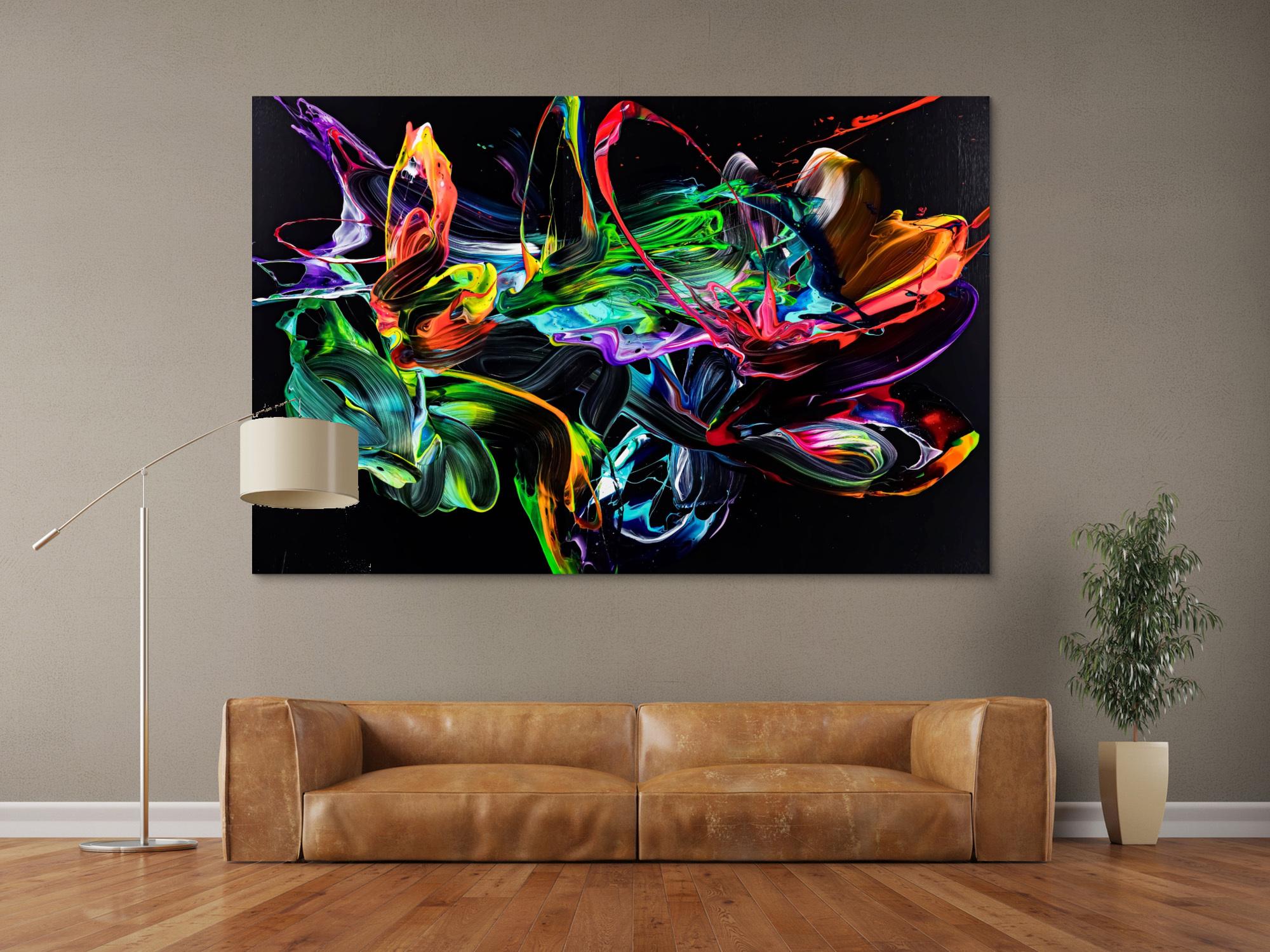 Original Gemälde abstrakt 130x200cm Action Painting zeitgenössisch handgefertigt Neon Farben auf schwarz bunt einzigartig