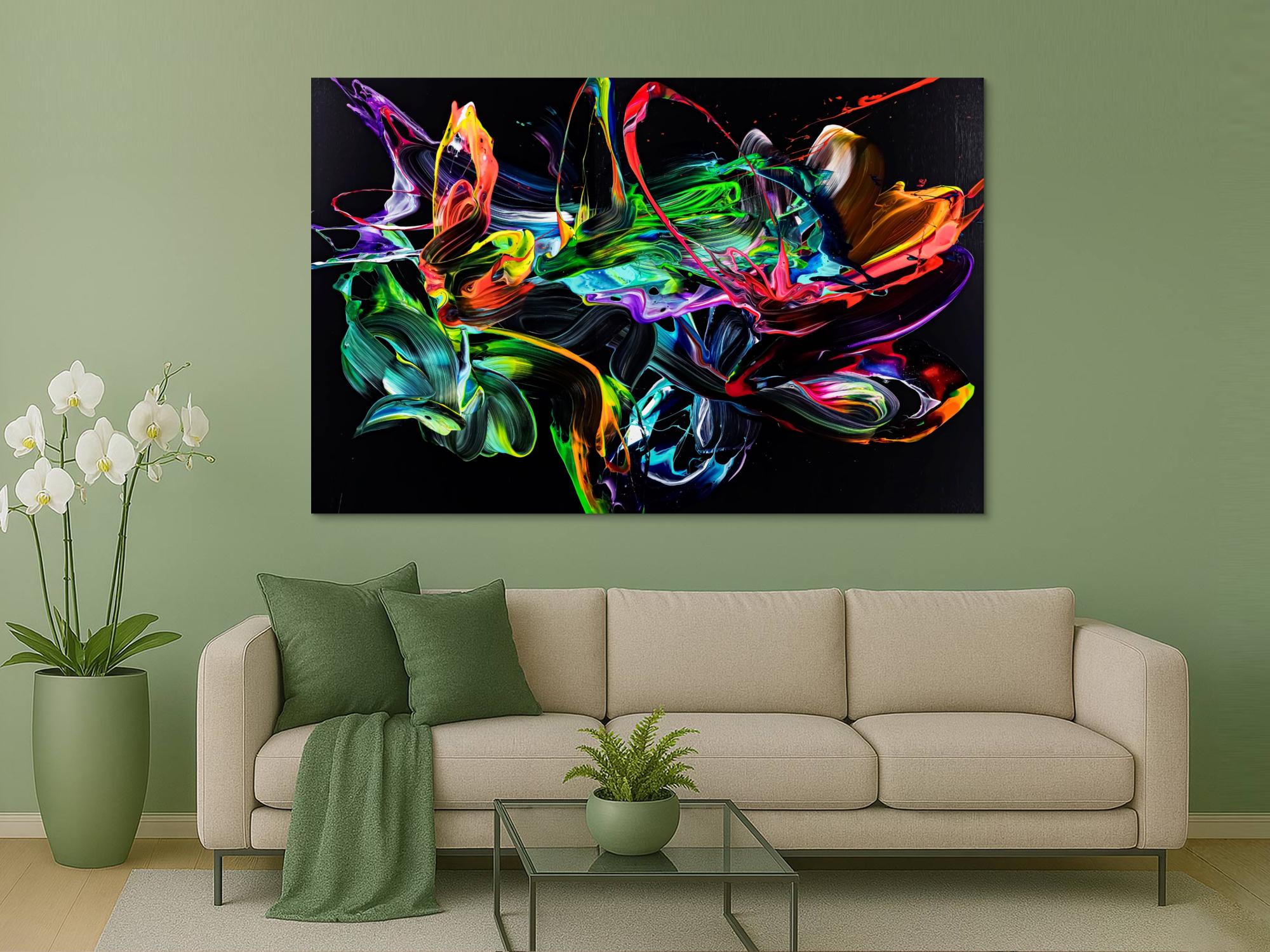 Original Gemälde abstrakt 130x200cm Action Painting zeitgenössisch handgefertigt Neon Farben auf schwarz bunt einzigartig