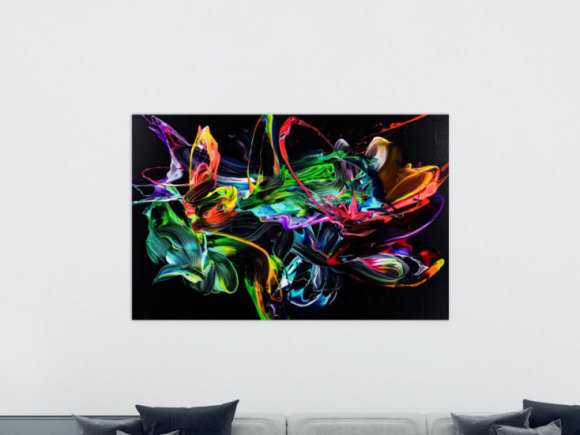 Original Gemälde abstrakt 130x200cm Action Painting zeitgenössisch handgefertigt Neon Farben auf schwarz bunt einzigartig