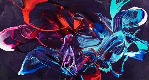 Gemälde Original abstrakt 80x150cm Minimalistisch zeitgenössisch handgemalt Action Painting violett blau rot Unikat