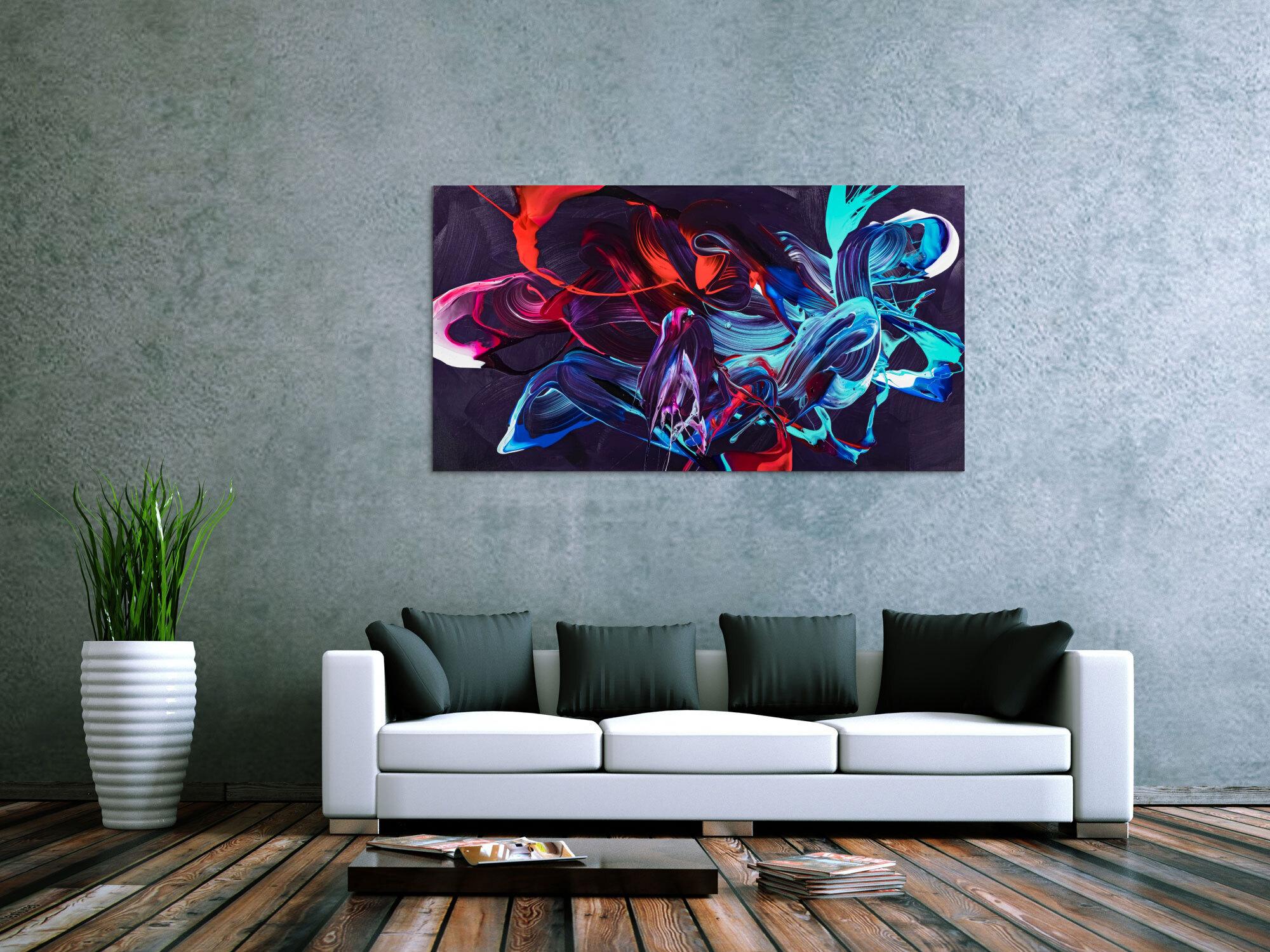 Gemälde Original abstrakt 80x150cm Minimalistisch zeitgenössisch handgemalt Action Painting violett blau rot Unikat
