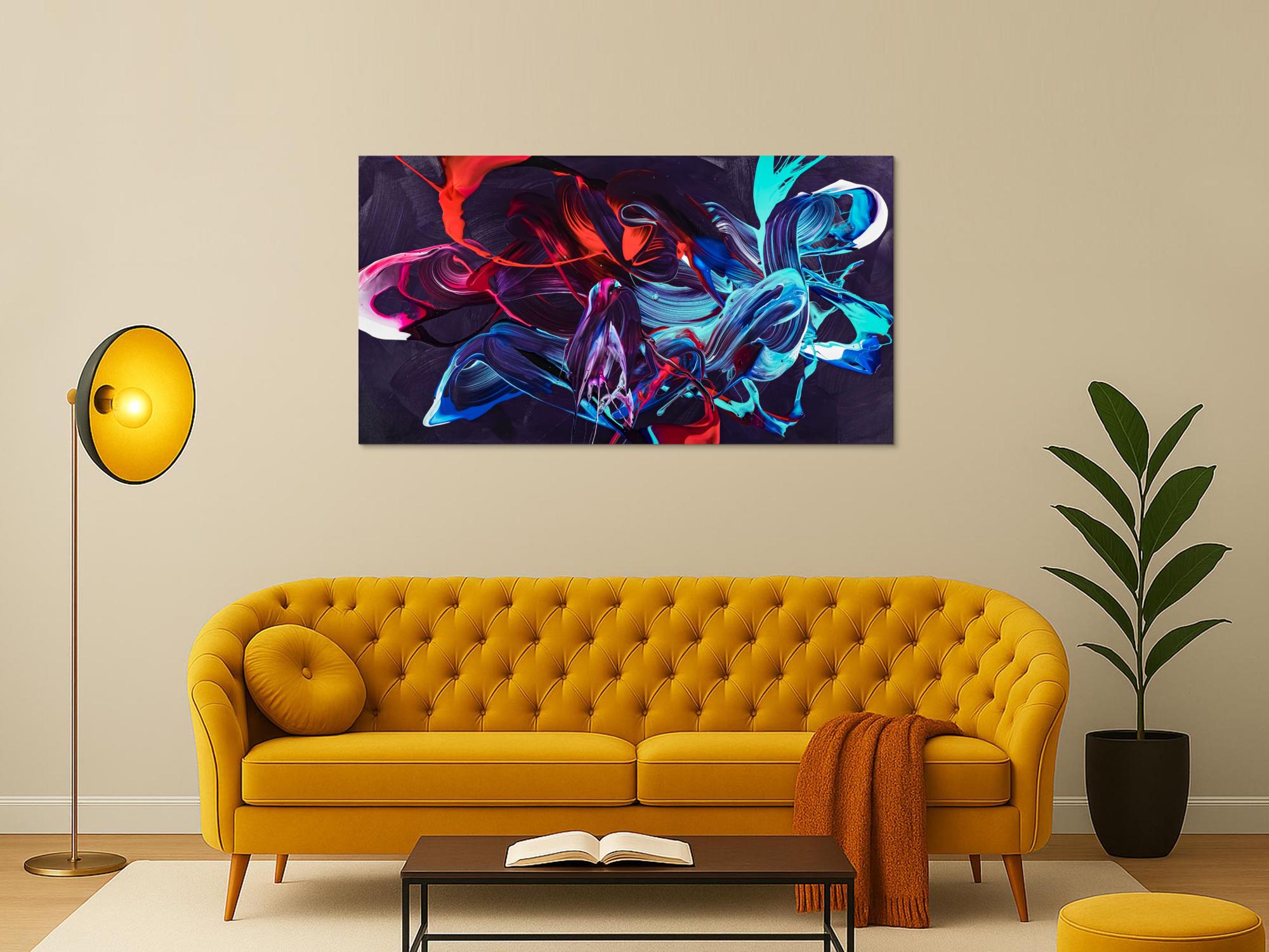 Gemälde Original abstrakt 80x150cm Minimalistisch zeitgenössisch handgemalt Action Painting violett blau rot Unikat