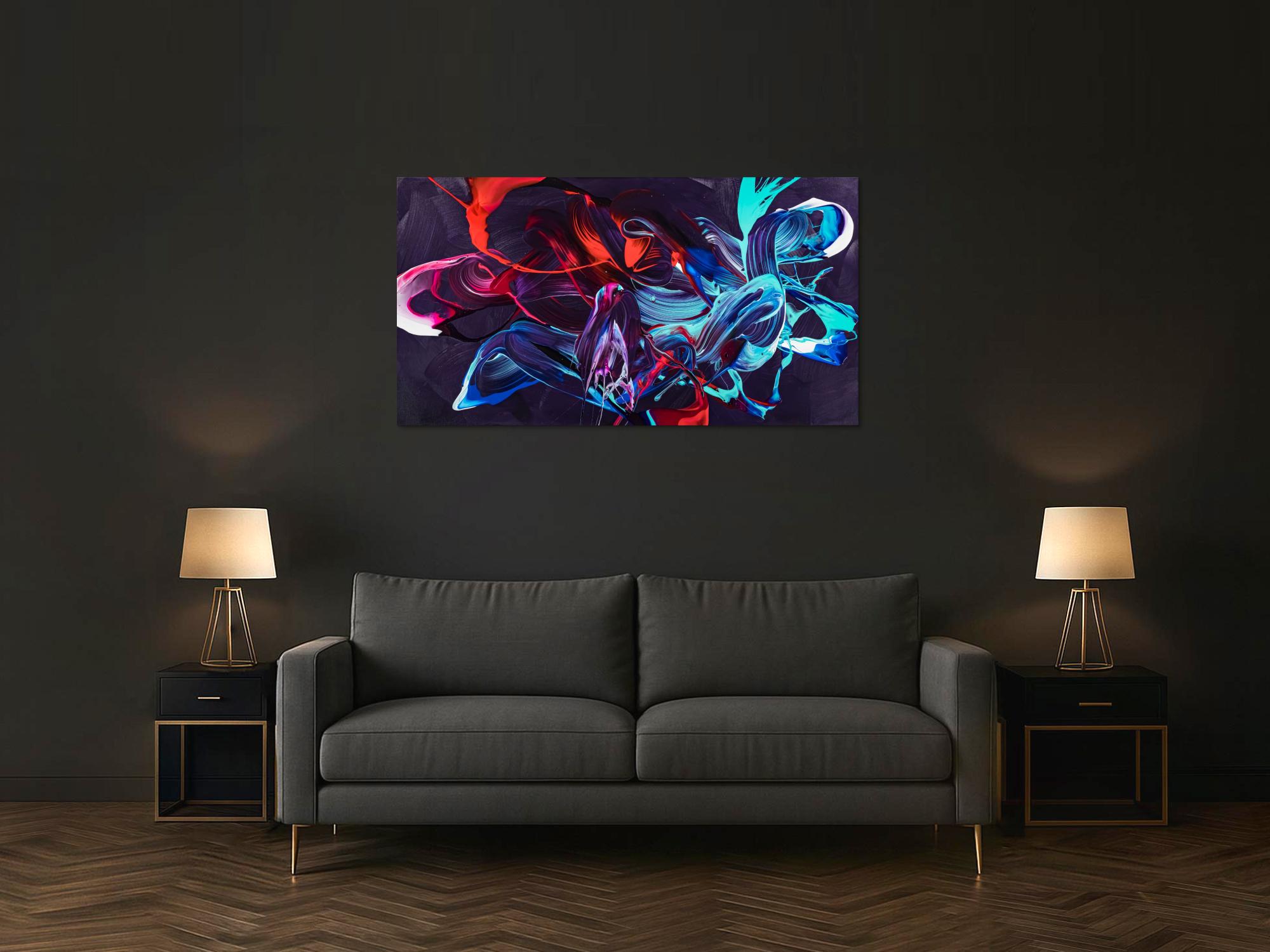 Gemälde Original abstrakt 80x150cm Minimalistisch zeitgenössisch handgemalt Action Painting violett blau rot Unikat