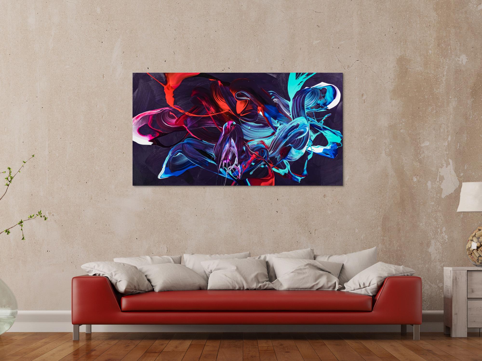 Gemälde Original abstrakt 80x150cm Minimalistisch zeitgenössisch handgemalt Action Painting violett blau rot Unikat