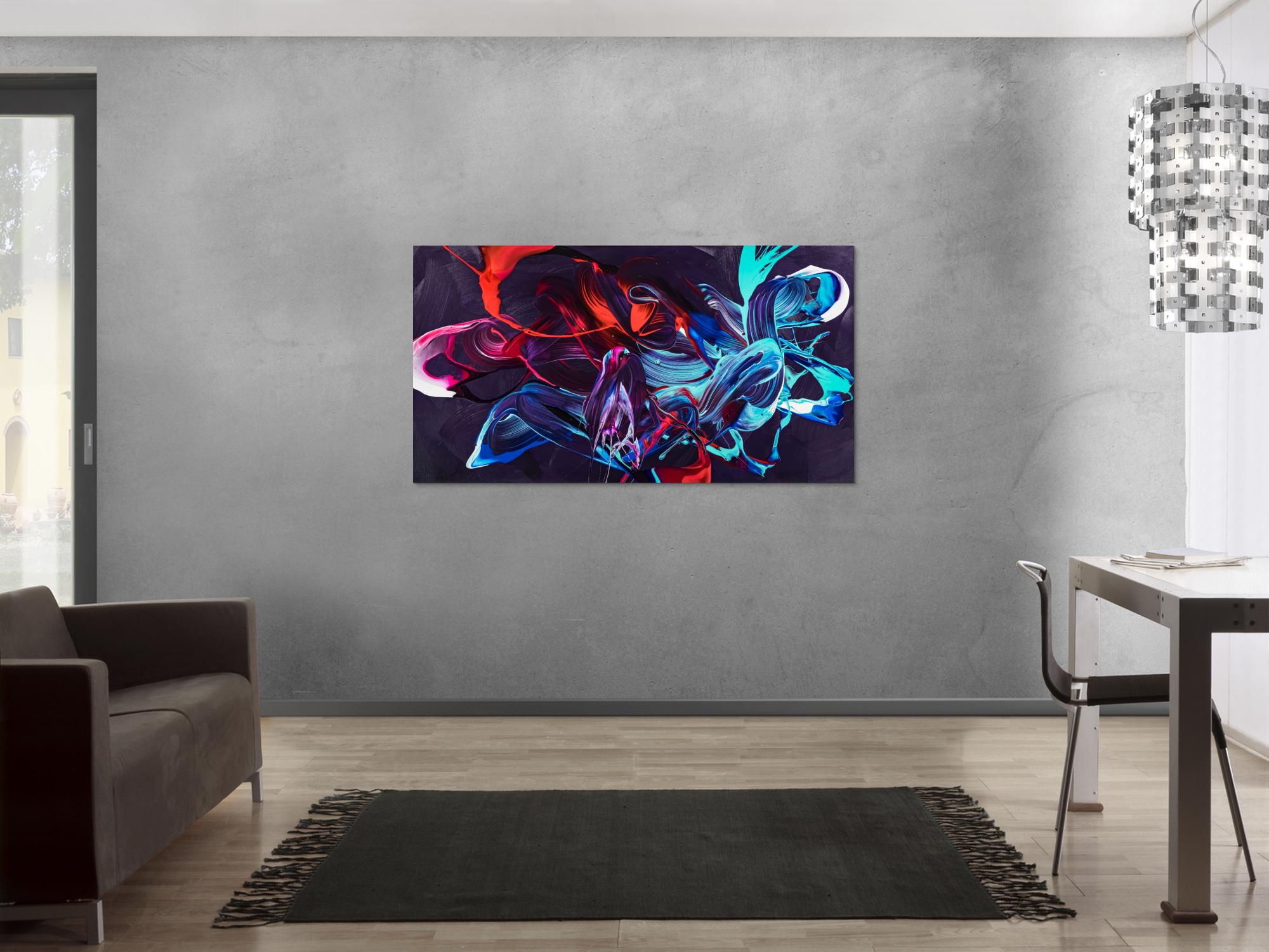 Gemälde Original abstrakt 80x150cm Minimalistisch zeitgenössisch handgemalt Action Painting violett blau rot Unikat