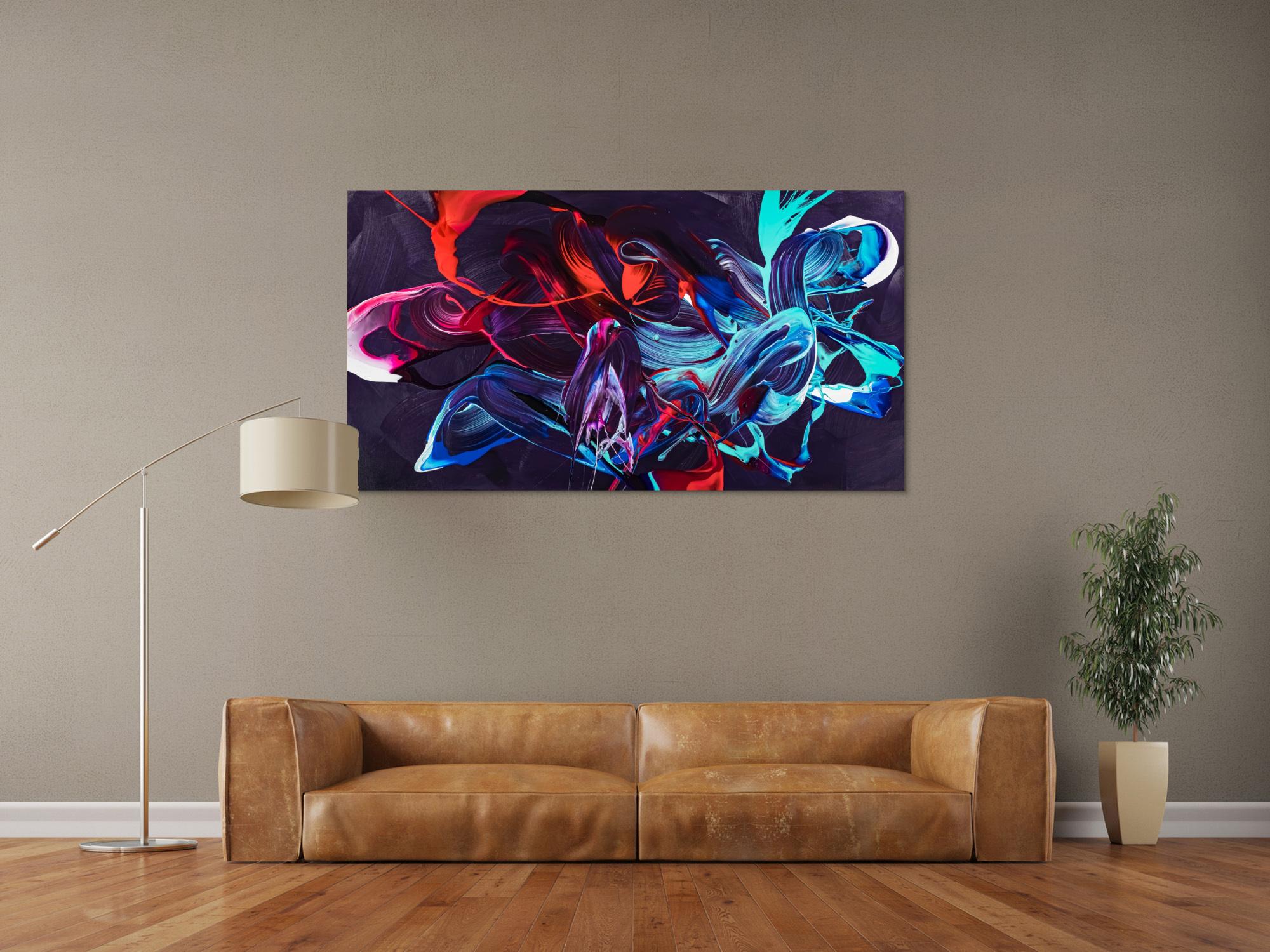 Gemälde Original abstrakt 80x150cm Minimalistisch zeitgenössisch handgemalt Action Painting violett blau rot Unikat