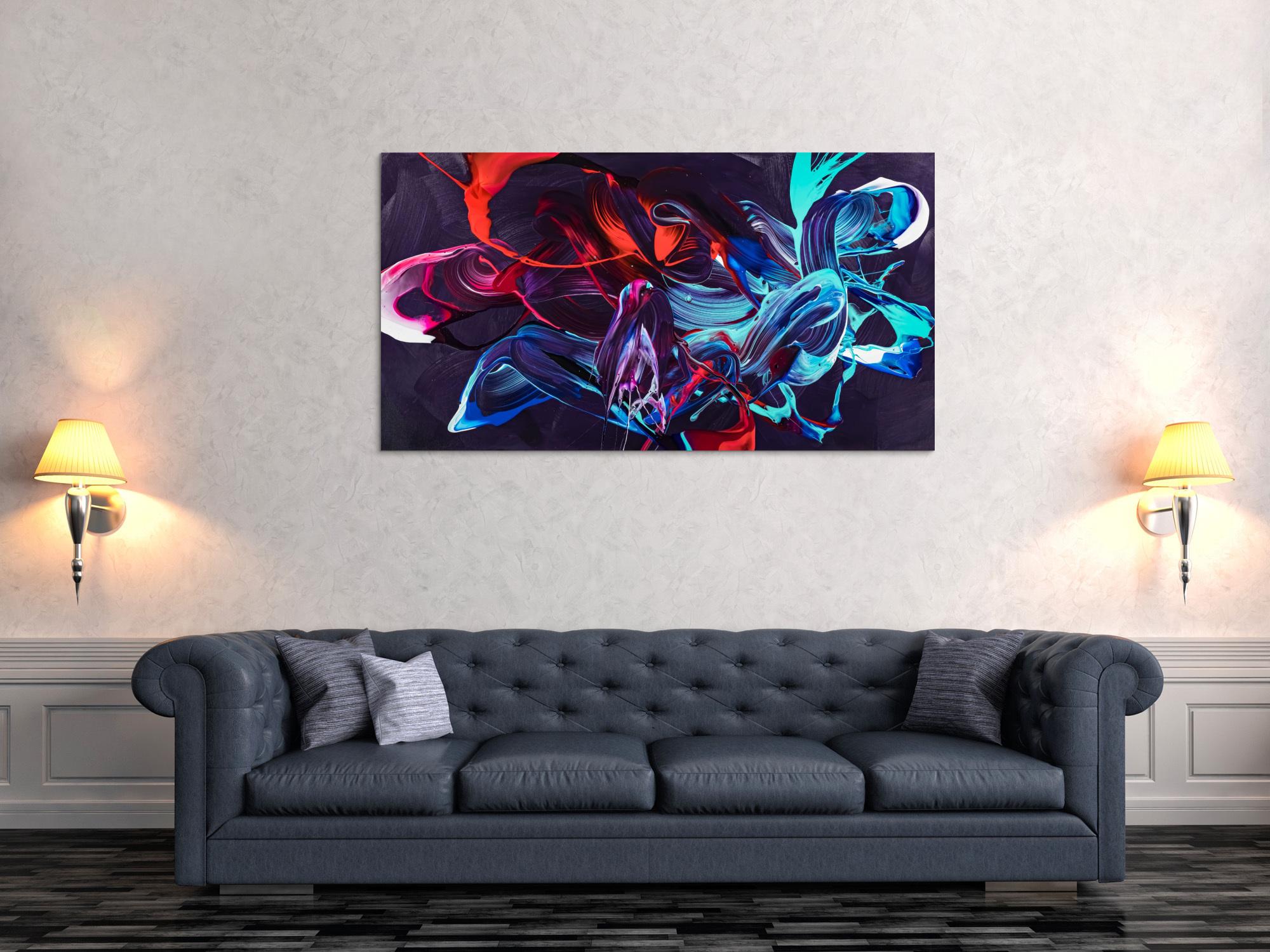 Gemälde Original abstrakt 80x150cm Minimalistisch zeitgenössisch handgemalt Action Painting violett blau rot Unikat