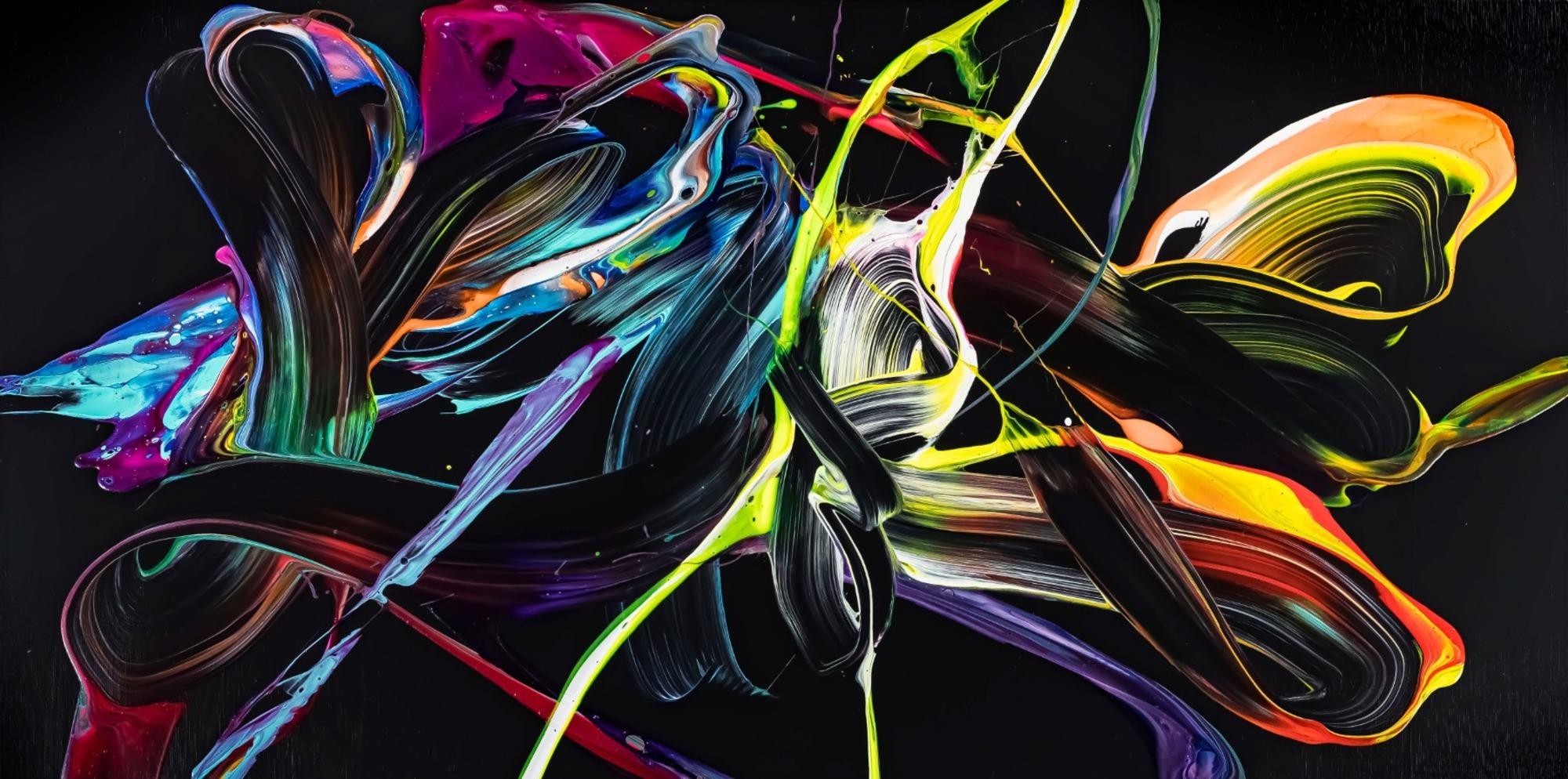 Abstraktes Original Gemälde 80x160cm Action Painting Moderne Kunst handgefertigt Mischtechnik schwarz bunt hellblau Einzelstück