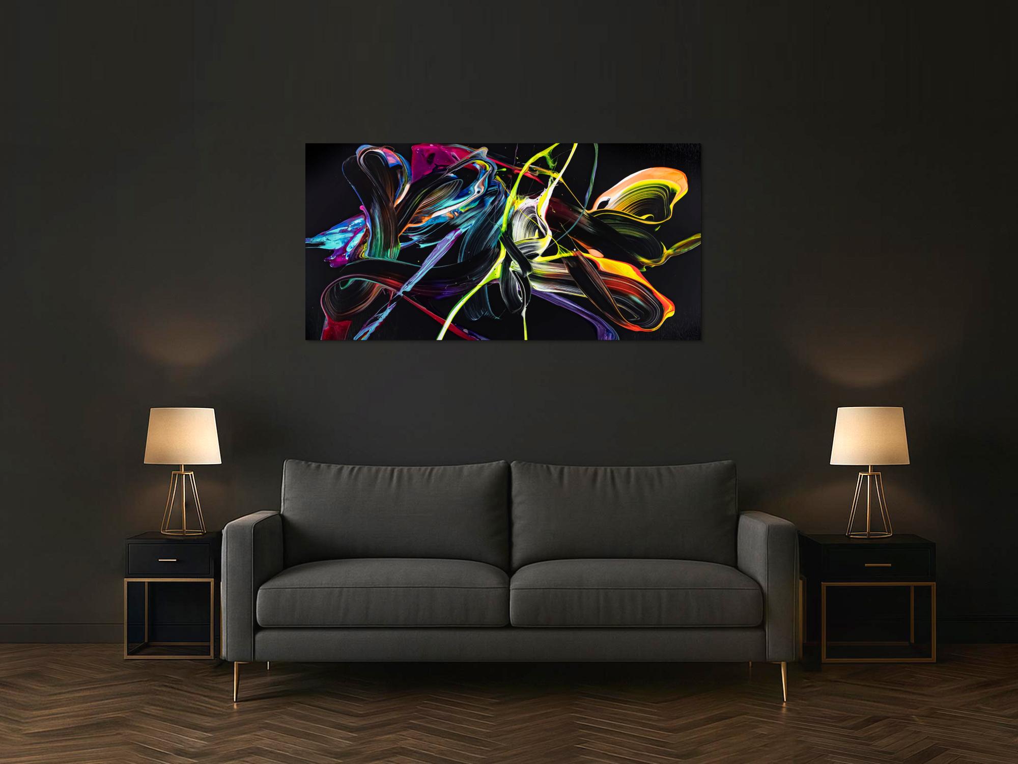 Abstraktes Original Gemälde 80x160cm Action Painting Moderne Kunst handgefertigt Mischtechnik schwarz bunt hellblau Einzelstück