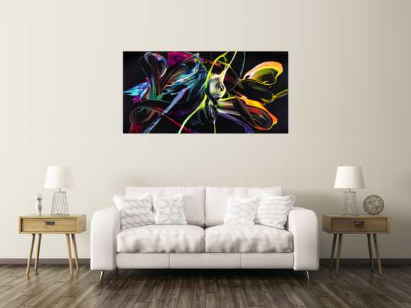 Abstraktes Original Gemälde 80x160cm Action Painting Moderne Kunst handgefertigt Mischtechnik schwarz bunt hellblau Einzelstück