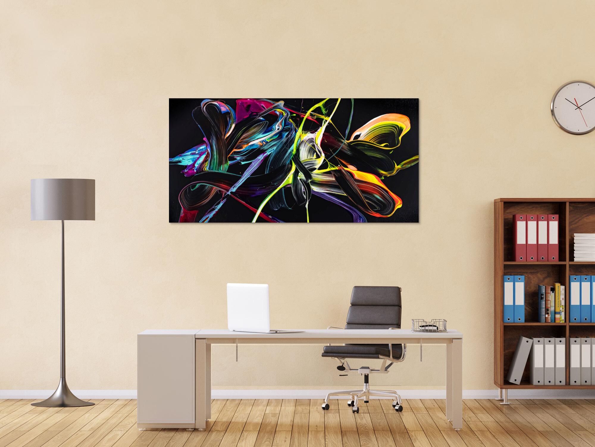 Abstraktes Original Gemälde 80x160cm Action Painting Moderne Kunst handgefertigt Mischtechnik schwarz bunt hellblau Einzelstück