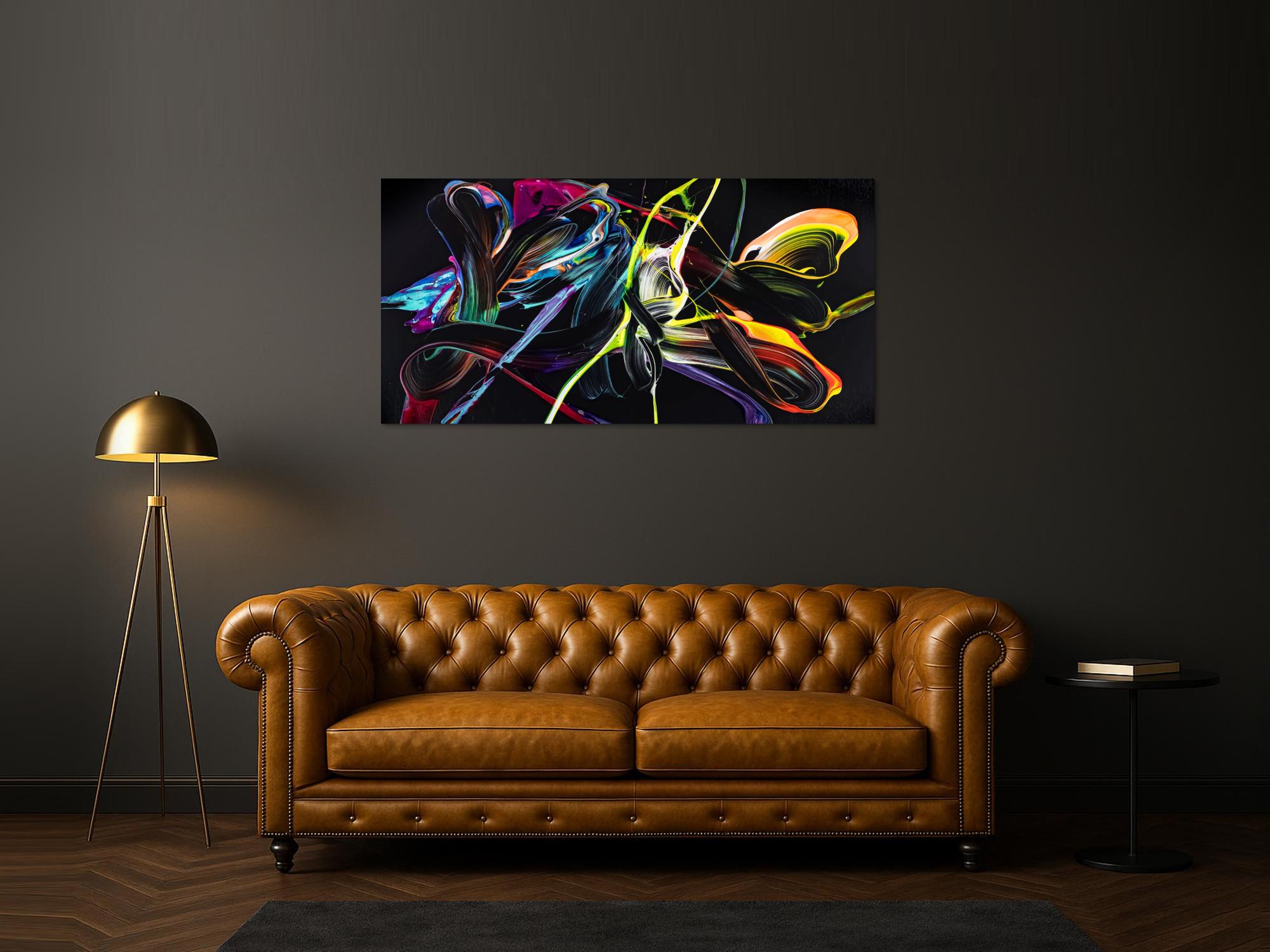 Abstraktes Original Gemälde 80x160cm Action Painting Moderne Kunst handgefertigt Mischtechnik schwarz bunt hellblau Einzelstück