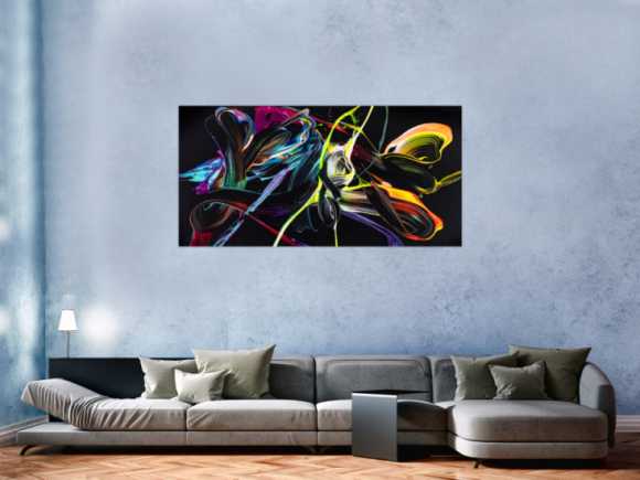 Abstraktes Original Gemälde 80x160cm Action Painting Moderne Kunst handgefertigt Mischtechnik schwarz bunt hellblau Einzelstück