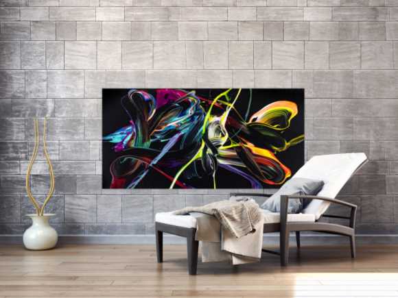 Abstraktes Original Gemälde 80x160cm Action Painting Moderne Kunst handgefertigt Mischtechnik schwarz bunt hellblau Einzelstück