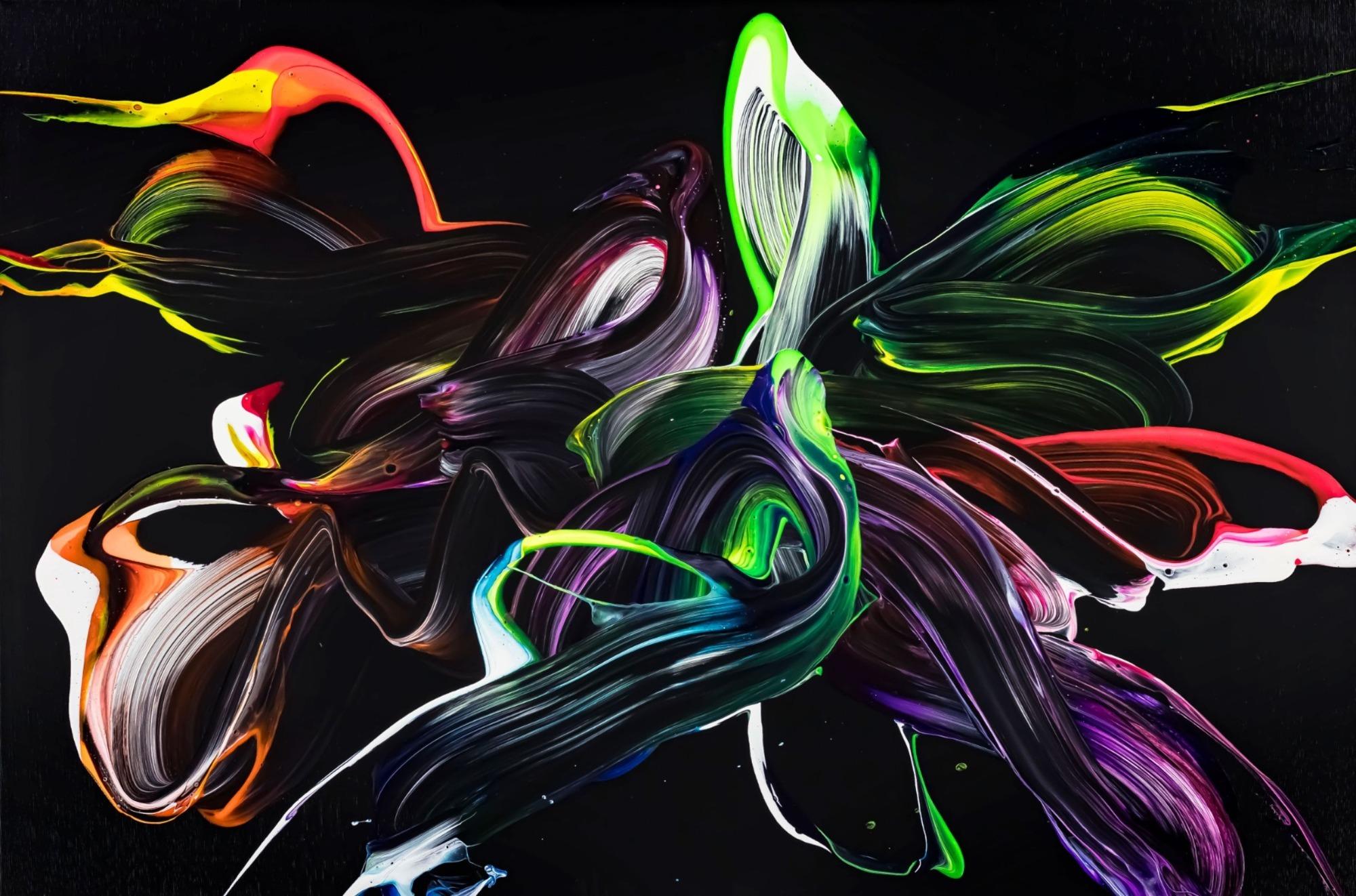 Abstraktes Original Gemälde 80x120cm Minimalistisch zeitgenössisch handgemalt Action Painting schwarz bunt hellgrün einzigartig