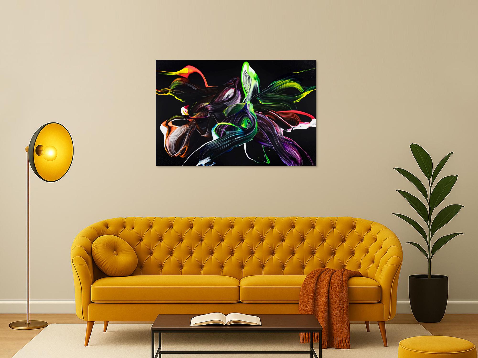 Abstraktes Original Gemälde 80x120cm Minimalistisch zeitgenössisch handgemalt Action Painting schwarz bunt hellgrün einzigartig